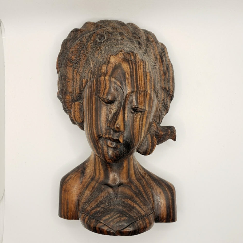 Balinese Handcarved Signed Striped Rosewood Womans Bust Statue